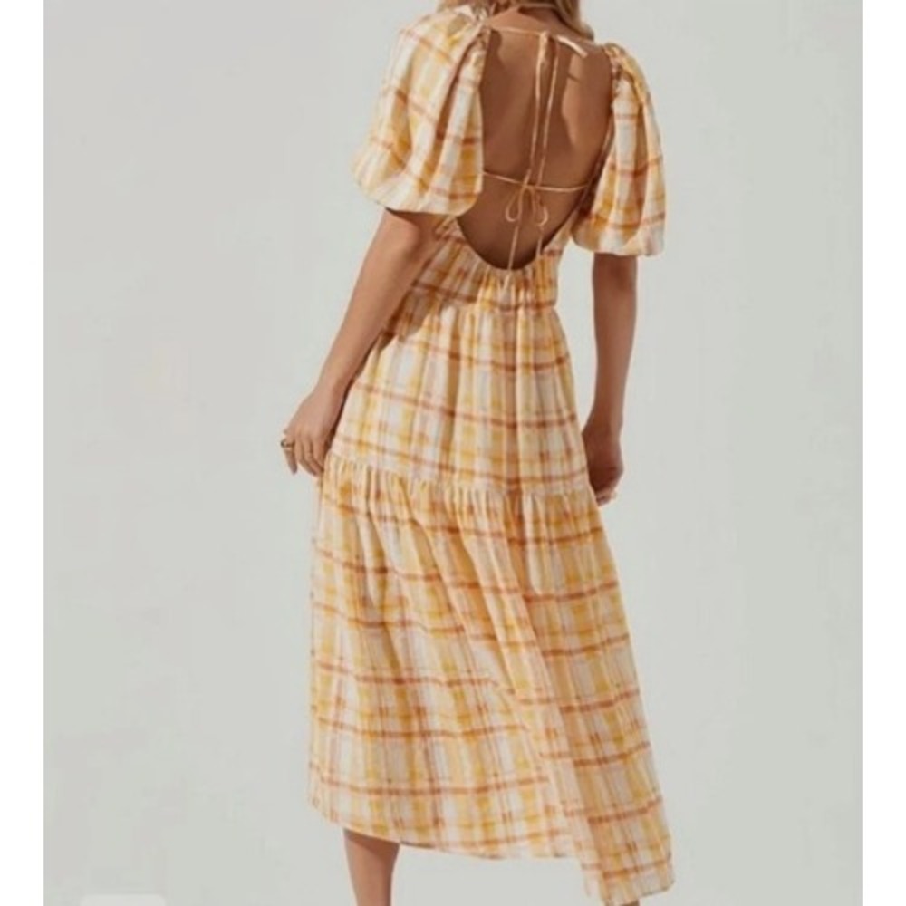 ASTR The Label Dress Medium Orange Yellow Plaid Cottagecore Boho Open Back Maxi